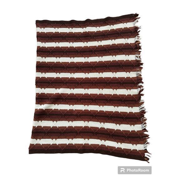 Knit blanket with fringe shades of brown, black and cream 72"x46" - Picture 5 of 11